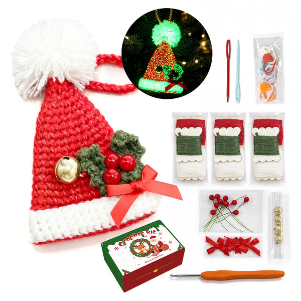 Glow in the Dark Christmas Hat Crochet Kit for Beginners - DIY Holiday Ornaments Set (Makes 3)