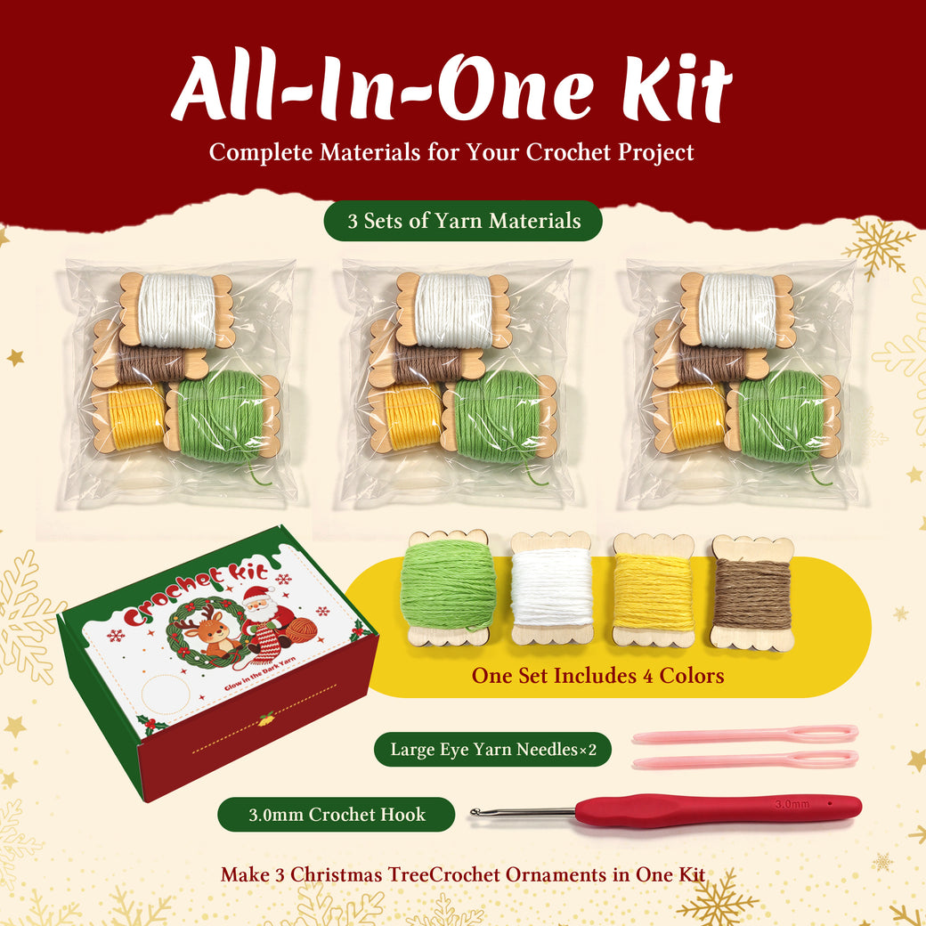 Glow in the Dark Christmas Tree Crochet Kit for Beginners - DIY Holiday Ornaments Set (Makes 3)