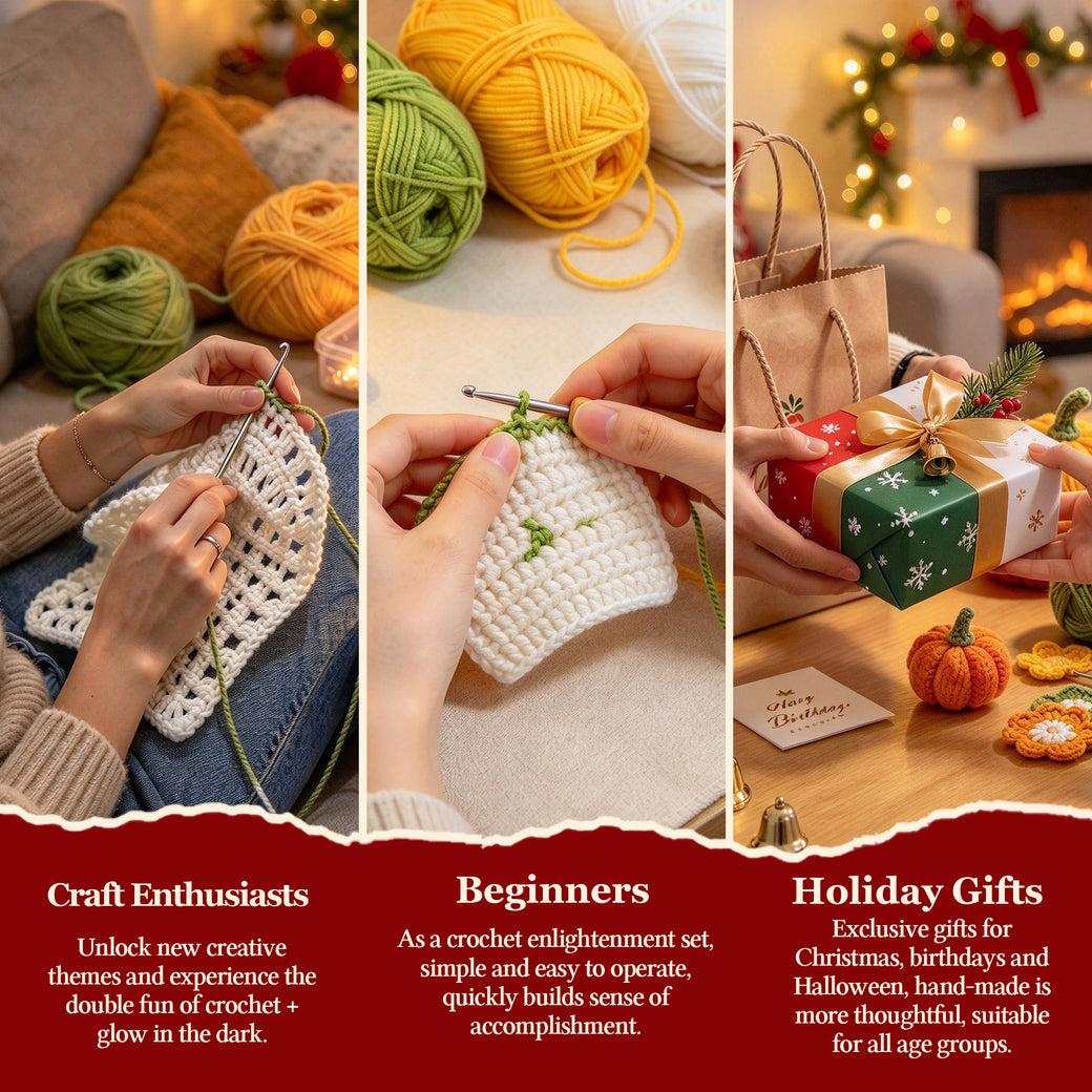 Glow in the Dark Christmas Glove Crochet Kit for Beginners - DIY Holiday Ornaments Set (Makes 3)
