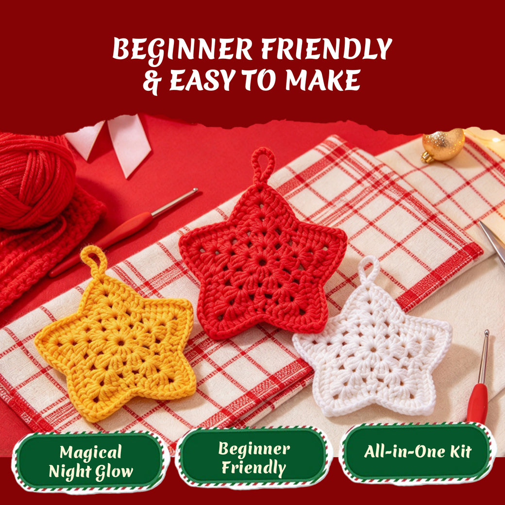 Glow in the Dark Christmas Star Crochet Kit for Beginners - DIY Holiday Ornaments Set (Makes 3)