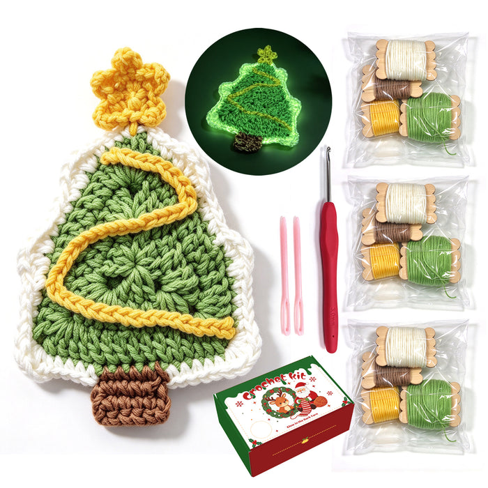 Glow in the Dark Christmas Tree Crochet Kit for Beginners - DIY Holiday Ornaments Set (Makes 3)