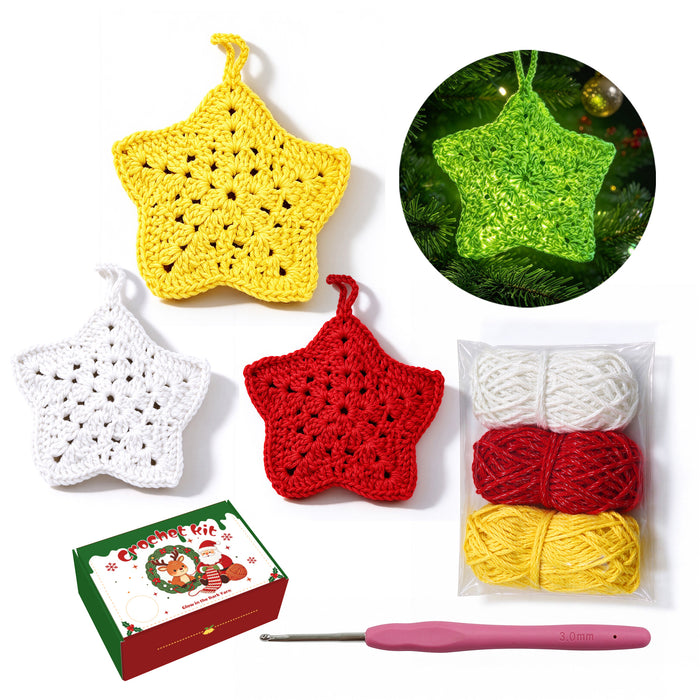 Glow in the Dark Christmas Star Crochet Kit for Beginners - DIY Holiday Ornaments Set (Makes 3)