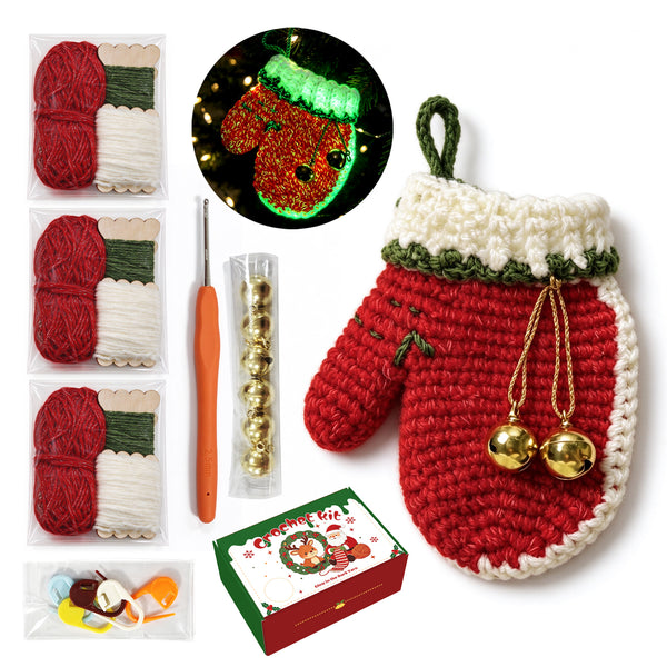 Glow in the Dark Christmas Glove Crochet Kit for Beginners - DIY Holiday Ornaments Set (Makes 3)
