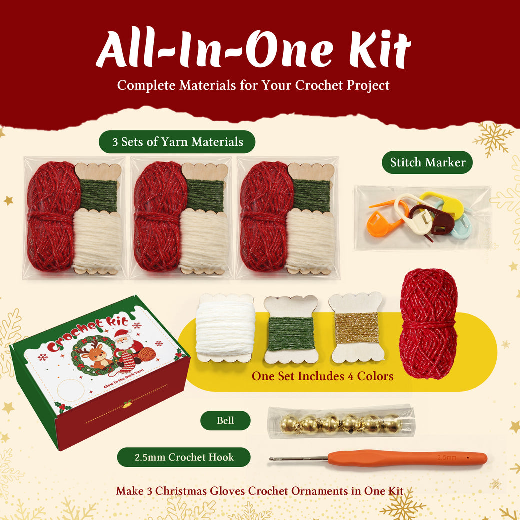 Glow in the Dark Christmas Glove Crochet Kit for Beginners - DIY Holiday Ornaments Set (Makes 3)