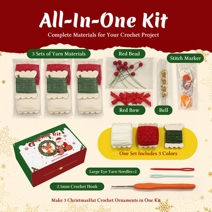 Glow in the Dark Christmas Hat Crochet Kit for Beginners - DIY Holiday Ornaments Set (Makes 3)
