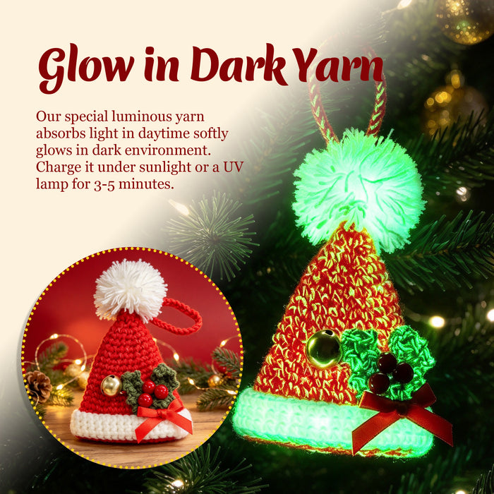Glow in the Dark Christmas Hat Crochet Kit for Beginners - DIY Holiday Ornaments Set (Makes 3)