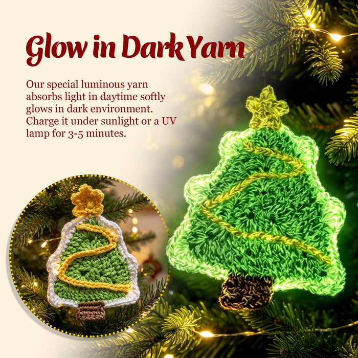 Glow in the Dark Christmas Tree Crochet Kit for Beginners - DIY Holiday Ornaments Set (Makes 3)