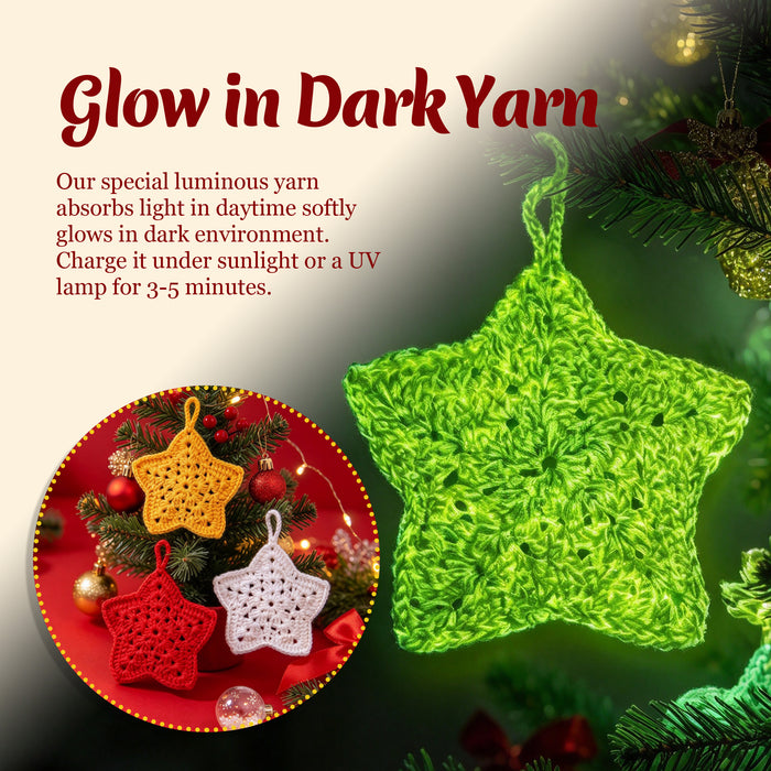 Glow in the Dark Christmas Star Crochet Kit for Beginners - DIY Holiday Ornaments Set (Makes 3)