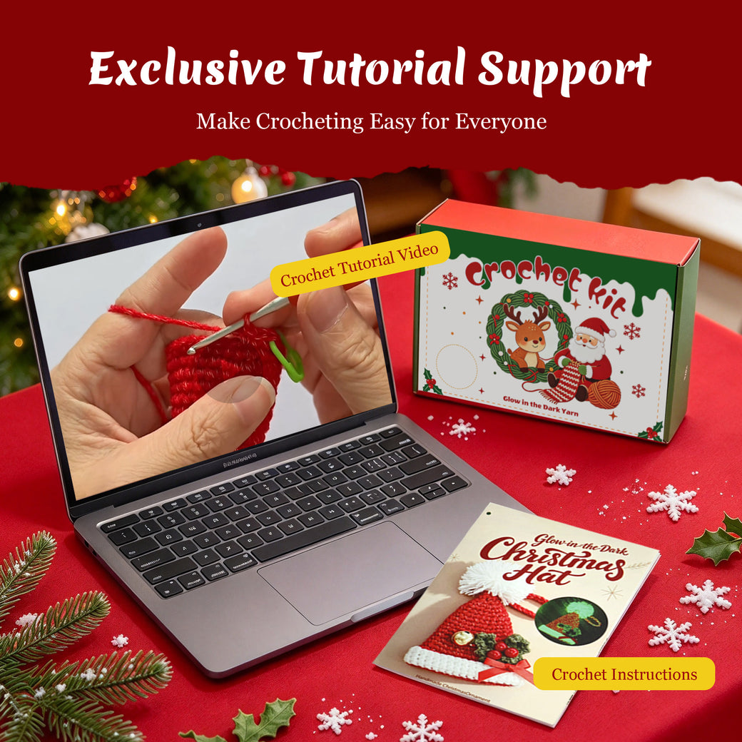 Glow in the Dark Christmas Hat Crochet Kit for Beginners - DIY Holiday Ornaments Set (Makes 3)