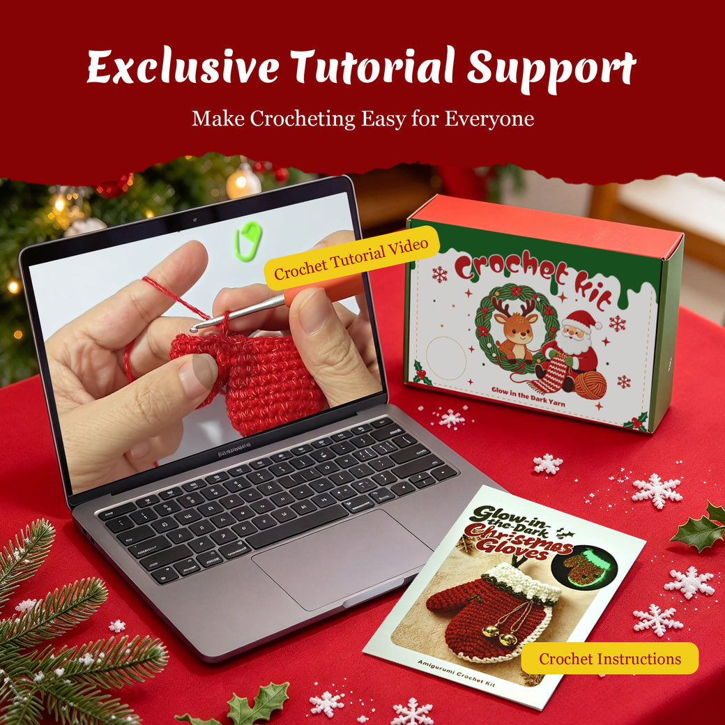 Glow in the Dark Christmas Glove Crochet Kit for Beginners - DIY Holiday Ornaments Set (Makes 3)