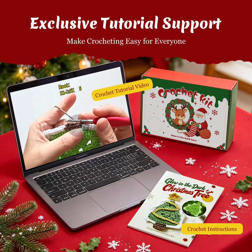 Glow in the Dark Christmas Tree Crochet Kit for Beginners - DIY Holiday Ornaments Set (Makes 3)