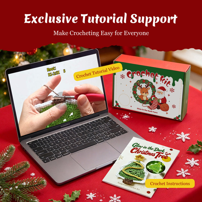 Glow in the Dark Christmas Tree Crochet Kit for Beginners - DIY Holiday Ornaments Set (Makes 3)