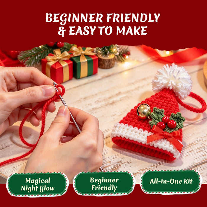 Glow in the Dark Christmas Hat Crochet Kit for Beginners - DIY Holiday Ornaments Set (Makes 3)