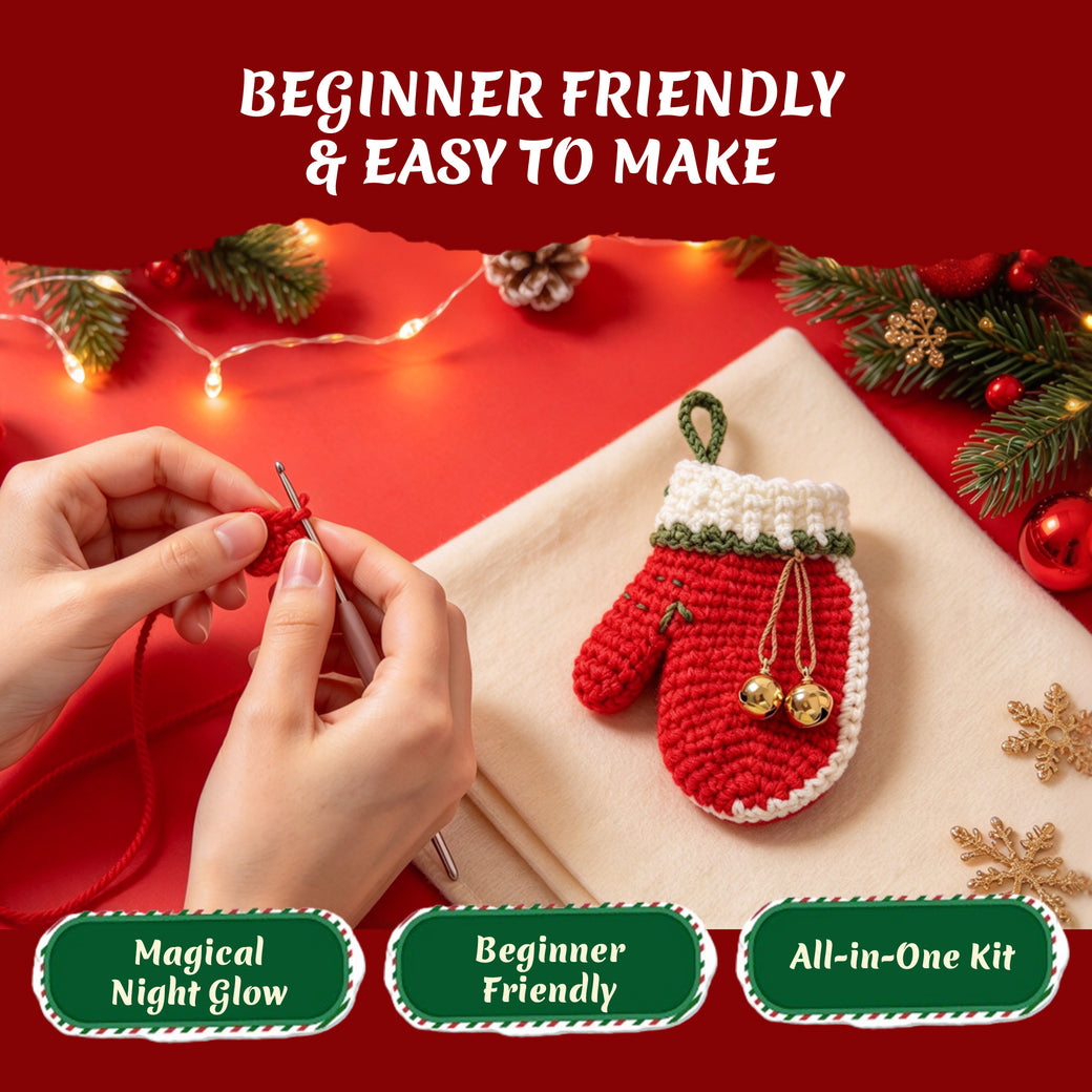 Glow in the Dark Christmas Glove Crochet Kit for Beginners - DIY Holiday Ornaments Set (Makes 3)