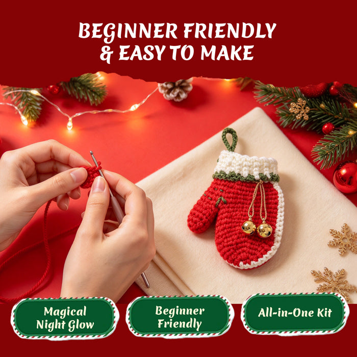 Glow in the Dark Christmas Glove Crochet Kit for Beginners - DIY Holiday Ornaments Set (Makes 3)