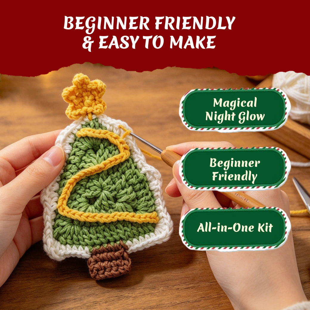 Glow in the Dark Christmas Tree Crochet Kit for Beginners - DIY Holiday Ornaments Set (Makes 3)